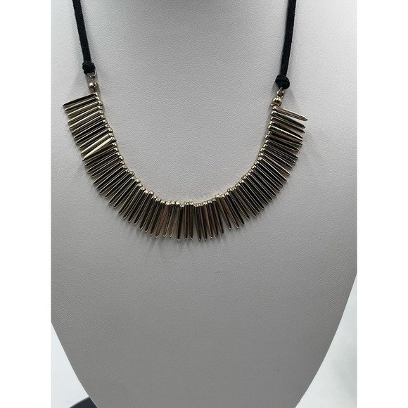 Natasha Gold Tone Spikes Dangles Black Leather Necklace - Picture 2 of 13